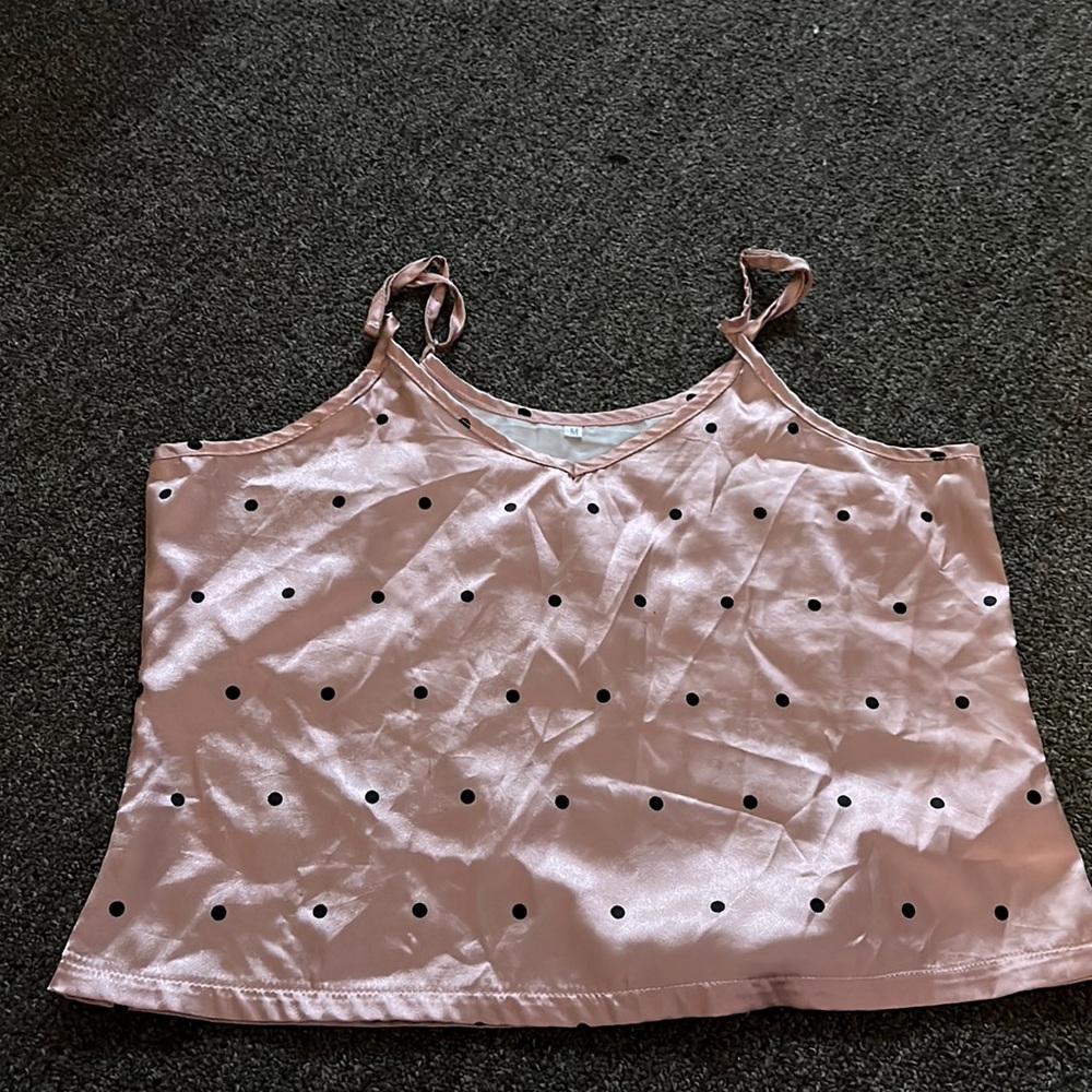 Pink and black polka dot silk pj top